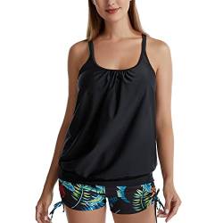 IHCEMIH Badeanzug Damen Tankini Push up Bauchweg High Waist Bademode Schnürung Blumen Badeanzüge Schwimmanzug Zweiteiler Sport Strand Sommer Oberteile Badeshorts Set Badekleid für Frauen Schwarz L von IHCEMIH