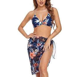 IHCEMIH Bikini Damen Push up Neckholder Badeanzug Bauchweg Bademode Blumen Badeanzüge Schwimmanzug Zweiteiler Strand Beach Sommer Triangel Gepolstert Bikinis Set Frauen mit Strandkleid Wrap Sarong L von IHCEMIH