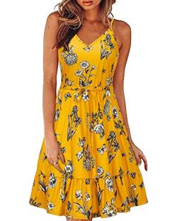 II ININ Sommerkleid Damen Knielang Blumenmuster Kleider Spaghettiträger Strandkleid Sommer Freizeitkleid mit Taschen(Floral I,Groß) von II ININ