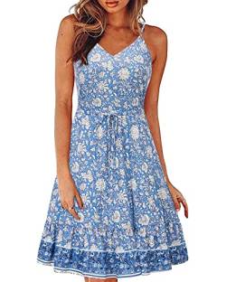 II ININ Sommerkleid Damen Knielang Blumenmuster Kleider Spaghettiträger Strandkleid Sommer Freizeitkleid mit Taschen(Floral O,Groß) von II ININ