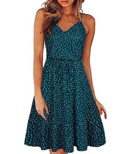 II ININ Sommerkleid Damen Knielang Blumenmuster Kleider Spaghettiträger Strandkleid Sommer Freizeitkleid mit Taschen(Polka Dot C,Klein) von II ININ