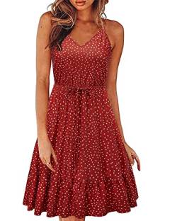 II ININ Sommerkleid Damen Knielang Blumenmuster Kleider Spaghettiträger Strandkleid Sommer Freizeitkleid mit Taschen(Polka Dot E,Groß) von II ININ