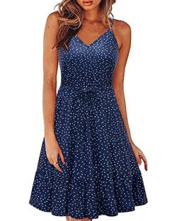 II ININ Sommerkleid Damen Knielang Blumenmuster Kleider Spaghettiträger Strandkleid Sommer Freizeitkleid mit Taschen(Polka Dot M,Klein) von II ININ