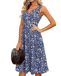 II ININ Sommerkleid Damen Knielang Strandkleid Sommer Midi A Linie Blumen Kleid Freizeitkleid mit Taschen(Floral 14,Klein) von II ININ