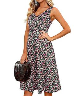 II ININ Sommerkleid Damen Knielang Strandkleid Sommer Midi A Linie Blumen Kleid Freizeitkleid mit Taschen(Floral 16,Klein) von II ININ