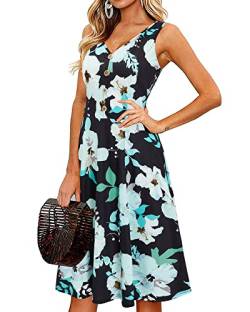 II ININ Sommerkleid Damen Knielang Strandkleid Sommer Midi A Linie Blumen Kleid Freizeitkleid mit Taschen(Floral 17,Klein) von II ININ