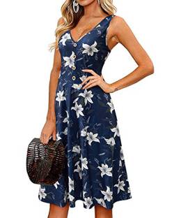 II ININ Sommerkleid Damen Knielang Strandkleid Sommer Midi A Linie Blumen Kleid Freizeitkleid mit Taschen(Floral 9,Groß) von II ININ