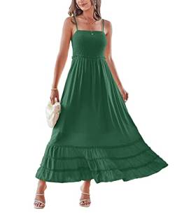 II ININ Sommerkleid Damen Lang Maxikleid Gesmoktes Spaghettiträger Kleid Volant Kleid Rüschen Freizeitkleid (dunkel Grün,Groß) von II ININ