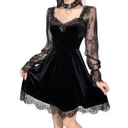 IKADEX Damen Gothic Kleid Vintage Spitze Grunge Punk Goth Kleider Casual Cosplay Party Cocktail, #A: Schwarz, Klein von IKADEX