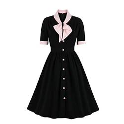 Vintage Damen 1940er Jahre Fliege Hals Kleid Retro 40er 50er Jahre Button Up Business Arbeit A-Linie Cocktailkleider, Schwarz, XX-Large von IKADEX