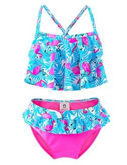 IKALI Mädchen Bademode Bikini Set, 50 UPF UV Sonnenschutz Flamingo Badeanzug, Kleinkind Sommer Strand Sport, Blau, 116/6Jahre von IKALI