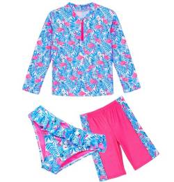IKALI Mädchen Flamingo Badeanzug 3 Stück Kinder Langarm Tankini Badeanzüge Sommer Pool Party Bademode Blau 5Jahre/110 von IKALI