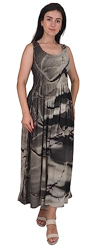 Ikat Damen Langes Sommerkleid mit Gesmoktem Oberteil - Für die Größen 40-56 (Einheitsgröße, Black Earthtones Abstract) von IKAT