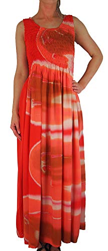 Ikat Damen Langes Sommerkleid mit Gesmoktem Oberteil - Für die Größen 40-56 (Einheitsgröße, Terracotta Abstract) von IKAT