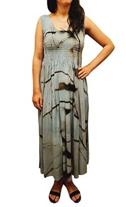Ikat Damen Langes Sommerkleid mit Gesmoktem Oberteil - Für die Größen 40-56 (Einheitsgröße, White Powder Blue Abstract) von IKAT