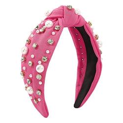 IKFIVQD Modische Stirnbänder für Damen und Mädchen, Vintage-Stil, rutschfest, breite Spitze, Knoten, Perlen, Haarreifen (>>+ A-Hot Pink, Einheitsgröße) von IKFIVQD
