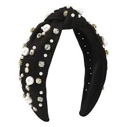 IKFIVQD Modische Stirnbänder für Damen und Mädchen, Vintage-Stil, rutschfest, breite Spitze, Knoten, Perlen, Haarreifen (>>+ A-Schwarz, Einheitsgröße) von IKFIVQD