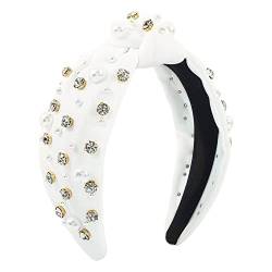 IKFIVQD Modische Stirnbänder für Damen und Mädchen, Vintage-Stil, rutschfest, breite Spitze, Knoten, Perlen, Haarreifen (>>+ A-Weiß, Einheitsgröße) von IKFIVQD