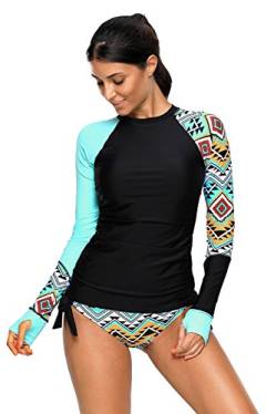 Damen Langarm Rashguard UPF 50+ Athletic Swim Shirt Farbblock Druck Tankini Sets Badeanzug S-XXXL (Blau, (EU M 44-46) L) von ILFtrend
