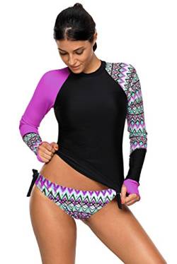 Damen Langarm Rashguard UPF 50+ Athletic Swim Shirt Farbblock Druck Tankini Sets Badeanzug S-XXXL (Lila, (EU36-38) S) von ILFtrend