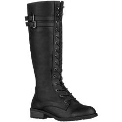 ILLUDE Damen Kniehohe Reitstiefel Schnürung Schnalle Militär Combat Boots, schwarz, 39 EU von ILLUDE