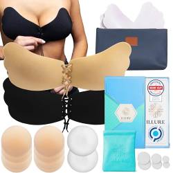 ILLURE® Nippelpads + Klebe BH Set | Damen Nipple Cover [4 Paar] und Selbstklebender Push-Up Klebe BH [A-Cup] | unsichtbar, wiederverwendbar & waschbar |rückenfrei & trägerlos | inkl. Make-Up Tasche von ILLURE