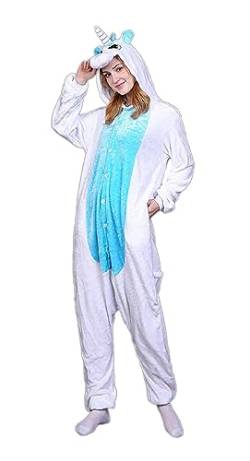ILWHE Tier Kostüm Jumpsuits Pyjamas Cosplay Kostüm Weihnachten Halloween Schlafanzug für Unisex Erwachsene Jugendliche (M, Blau Einhorn) von ILWHE