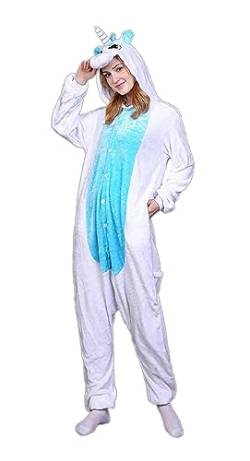 ILWHE Tier Kostüm Jumpsuits Pyjamas Cosplay Kostüm Weihnachten Halloween Schlafanzug für Unisex Erwachsene Jugendliche (S, Blau Einhorn) von ILWHE