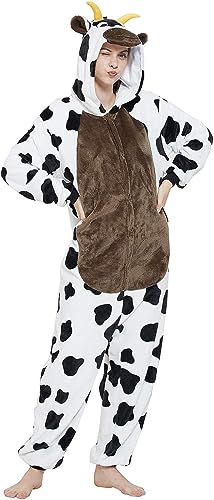 ILWHE Tier Kostüm Jumpsuits Pyjamas Cosplay Kostüm Weihnachten Halloween Schlafanzug für Unisex Erwachsene Jugendliche (XL, Kuh) von ILWHE