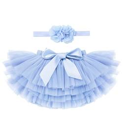 Baby Mädchen Tutu Kleid Kleinkind Prinzessin Regenbogen Geschichtete Tüllrock Pumphose Windel Überzug mit Blumenstirnband 2 Stück Geburtstagsparty Outfit für Fotografie Requisiten Blau 0-6 Monate von IMEKIS