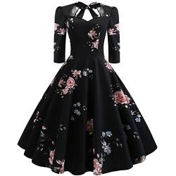 Damen 1950er Jahre Kleid Vintage Cockatilkleid 3/4 Ärmel Neckholder Abendkleid Blumendruck Hochzeitskleid A-Linie Retro Rockabilly Swing Kleid Elegante Knielang Ballkleid Schwarz-Blume XXL von IMEKIS