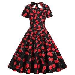 Damen 1950er Jahre Rockabilly Kleid A-Linie Kurzarm Kirsche Festlichskleid Cutout Bowtie Vintage Cocktailkleid Elegante Hochzeit Partyleid Retro Swing Abendkleid Schwarz+Rot XXL von IMEKIS