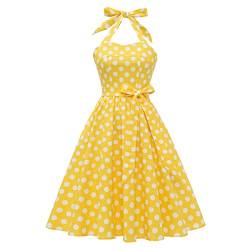 Damen 1950er Jahre Vintage Polka Dot Kleid A Linie Ärmellos Neckholder Cocktailkleid Abendkleid Knielang Retro Swing Kleid Hochzeit Partykleid Strand Sommerkleid Gelb 2XL von IMEKIS