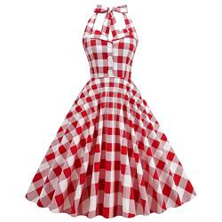 Damen 1950er Jahre Vintage Polka Dot Kleid A Linie Ärmellos Neckholder Cocktailkleid Abendkleid Knielang Retro Swing Kleid Hochzeit Partykleid Strand Sommerkleid Rot+Weiß XL von IMEKIS