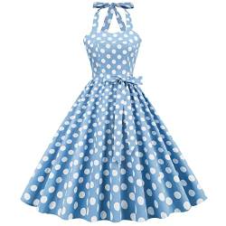 Damen 1950er Jahre Vintage Polka Dot Kleid A Linie Ärmellos Neckholder Cocktailkleid Kariert Abendkleid Knielang Retro Swing Kleid Hochzeit Partykleid Strand Sommerkleid Hellblau+Weiß M von IMEKIS