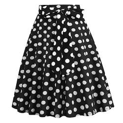 Damen 1950er Jahre Vintage Rock A Linie Faltenrock Hohe Taille Midirock Blumendruck Tellerrock Polka Dot Rockabilly Swing Rock mit G?rtel Knielang Partyrock Schwarz L von IMEKIS