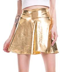 Damen A-Linie Minirock Einfarbig Hohe Taille Faltenrock Metallisch Glänzend Skater Rock Kurz Flared Ausgestelltes Rock Hippie Plisseeskirt Abend Tanz Party Clubwear Gold S von IMEKIS