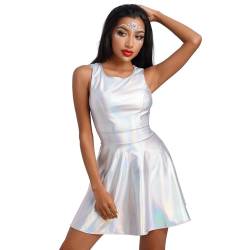 Damen Gl?nzend Metallic Minikleid A Linie ?rmellos Holografisch Faltenkleid Disco Nachtclub Tanz Partykleid Halloween Karneval Alien Kost?m Space Girls Rave Outfit Laser Silber M von IMEKIS