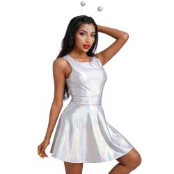 Damen Gl?nzend Metallic Minikleid A Linie ?rmellos Holografisch Faltenkleid Disco Nachtclub Tanz Partykleid Halloween Karneval Alien Kost?m Space Girls Rave Outfit Silber+Stirnband L von IMEKIS