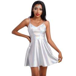 Damen Gl?nzend Metallic Minikleid A Linie ?rmellos Holografisch Faltenkleid Disco Nachtclub Tanz Partykleid Halloween Karneval Alien Kost?m Space Girls Rave Outfit Silber L von IMEKIS