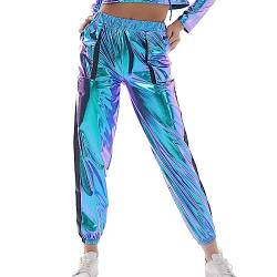 Damen Glänzend Wetlook Hose Metallic Hohe Taille Cargohose Holographisch Hip Hop Tanzhose Lackleder Jogger Hose Streethose Nachtclub Disco Clubwear mit Taschen Holographisch Blau S von IMEKIS