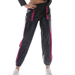 Damen Glänzend Wetlook Hose Metallic Hohe Taille Cargohose Holographisch Hip Hop Tanzhose Lackleder Jogger Hose Streethose Nachtclub Disco Clubwear mit Taschen Schwarz+Rose XXL von IMEKIS