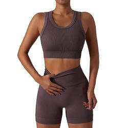 Damen Gym Set Zwei Stücke Trainingsanzüge Athletische Workout Outfit Nahtlose Yoga Anzug Gerippte Racerback Sport BH mit Hoher Taille Shorts Einfarbige Slim Fit Running Sport Activewear Braun L von IMEKIS