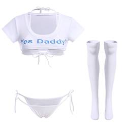 Damen Kawaii Anime Dessous Set Halfter Träger Micro BH Tiny Panty Garter Belt Gestreifte Strümpfe 4 Stück Unterwäsche Outfit, Weiß – Yes Daddy, Einheitsgröße von IMEKIS