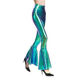 Damen Lang Leggins 70er Jahre Hippie-Hosen Schlaghose Trompetenhosen Hoch Taille Einfarbig Wet Look Glänzend Weites Bein Yogahosen Nachtclub Disco Kleidung Meerjungfrau Tanz Kostüm Laser Blau M von IMEKIS