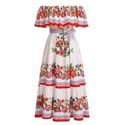 Damen Mexikanisches Kleid Off Shoulder Blumendruck Kleid A-Linie Lange Maxi Sommerkleid Boho Strand Urlaub Kleid Fancy Totenfest Halloween Karneval Verkleiden Rot L von IMEKIS
