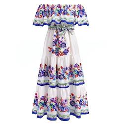 Damen Mexikanisches Kleid Off Shoulder Blumendruck Kleid A-Linie Lange Maxi Sommerkleid Boho Strand Urlaub Kleid Fancy Totenfest Halloween Karneval Verkleiden Weiß 3XL von IMEKIS