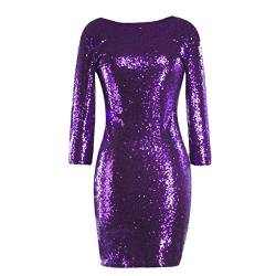 Damen Paillettenkleid Bodycon Minikleid Rundhals Langarm Rückenfrei Abendkleid Etuikleid Cocktailkleid Hochzeit Festlich Partykleid Ballkleid Glitzer Nachtclub Tragen Lila L von IMEKIS