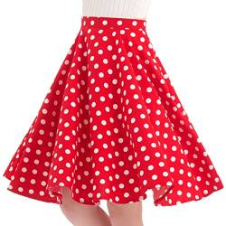 Damen Polka Dot Vintage Swing Rock 1950er Jahre Midirock Cocktail Abendkleid Kirsche Blumendruck Sommerrock A-Linie Empire-Taille Röcke Knielänge Tellerrock Rot S von IMEKIS