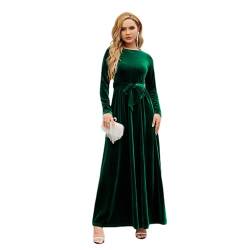 Damen Samt Weihnachtskleid A-Linie Festlich Maxikleid Langarm Rundhals Ausschnitt Herbst Winterkleid Elegante Hochzeitsfeier Cocktailkleid mit Gürtel Grün L von IMEKIS